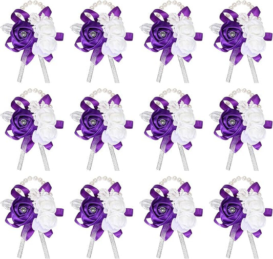 MECCANIXITY 12Pcs Wrist Corsage Artificial Flower Bracelets Rose Wrist Bride Groom Decorative for Wedding Ceremony Prom Party Anniversary Purple