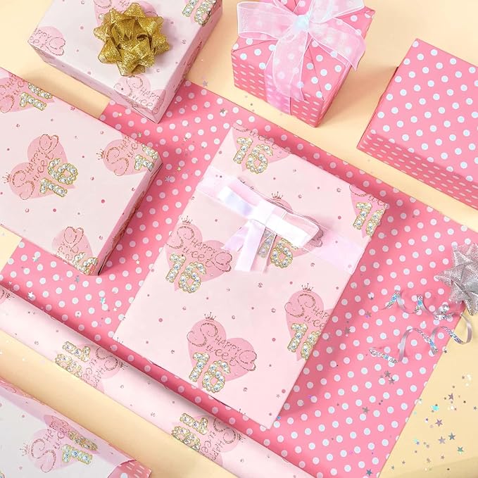 WERNNSAI Sweet 16th Birthday Wrapping Paper - 1 Roll 17”x 16.4ft Love Heart Wrapping Paper 16th Pink Girl Gift Packing Favor Birthday Party Wrap Decor Supply
