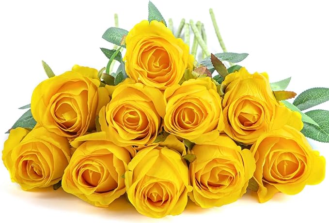 Flojery 10pcs Artificial Rose Flowers Long Stem Fake Silk Roses for DIY Wedding Bouquet Table Centerpiece Home Decor (Yellow)