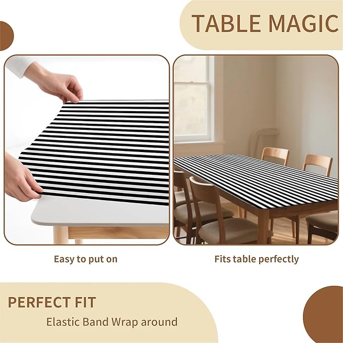 Rectangle Table Cloth Cover Waterproof Elastic Fitted Polyester Fitted Tablecloths for 6 Foot Tables for Indoor,Picnic, Camping, Outdoor （72" x 30"，Stripe）