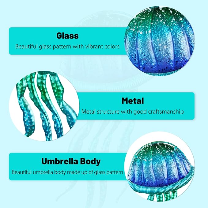 LIFFY Metal Jellyfish Wall Decor - Ocean Tropical Fish Wall Art - Glass Metal Fish Wall Decor for Pool, Beach, Bathroom, Living Room, Bedroom - 15inch, 2Pcs