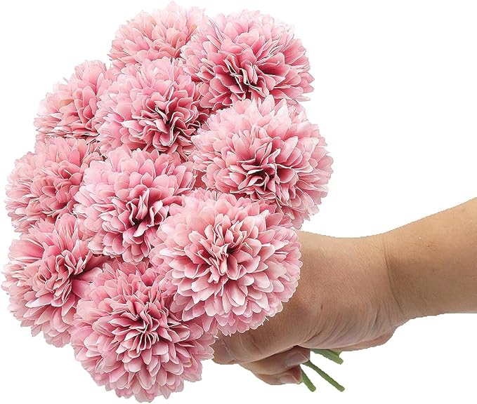 10Pcs Artificial Fake Flower Plants Silk Chrysanthemum Ball Hydrangea Arrangements Wedding Bouquets Decor Home Kitchen Garden Party Table Floral Centerpieces DIY(Dark Pink)