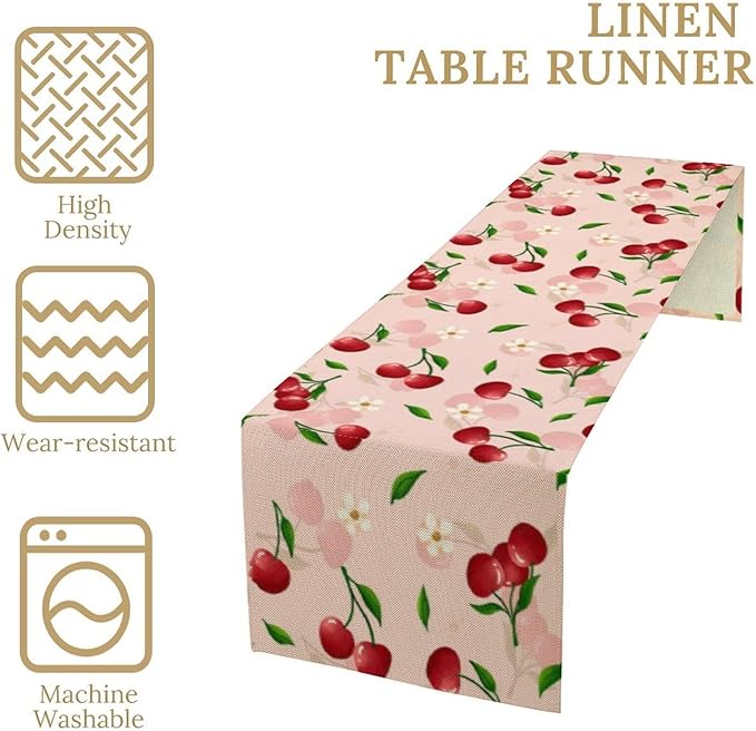 Cherry Table Runner,Spring Summer Fruit Tropical Birthday Party Decorations Dining Room Home Kitchen Table Decor 13 x 36In