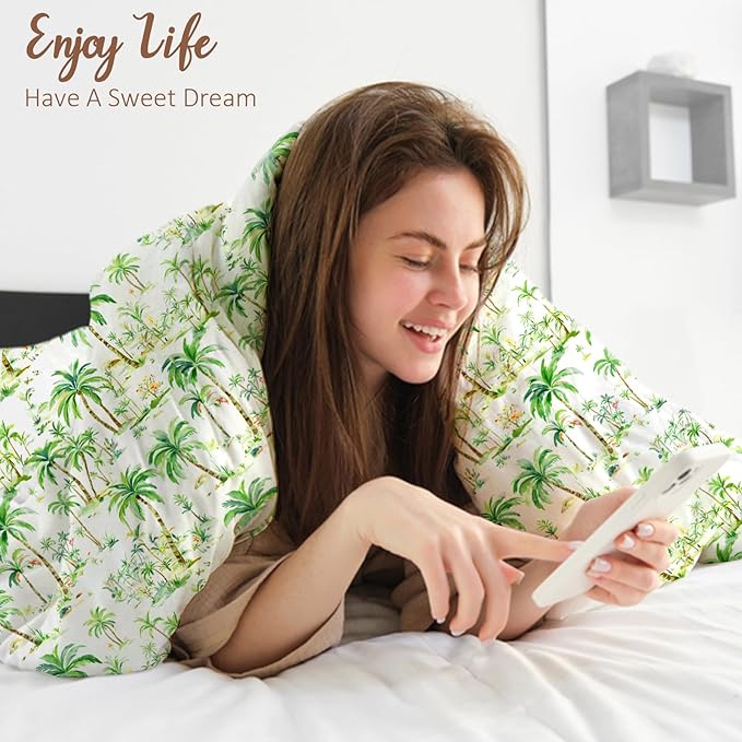 LONAVA Queen Tropical 3 Pcs Duvet Cover Set, Breathable Soft Microfiber Sage Green Lining Comforter Cover with Zipper Closure, and 2 Anti-Pilling, Fade Resistant Pillowcases, Summer Tree