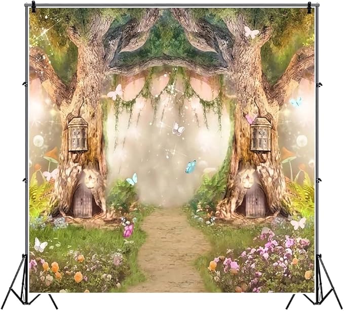 Leowefowa 6x6ft Vinyl 1st Birthday Backdrop Fairy Tale Forest Enchanted Flower Baby Shower Photo Background for Birthday Party Photoshoot Newborn Baby Kids Children Studio Props Photography Backdrops