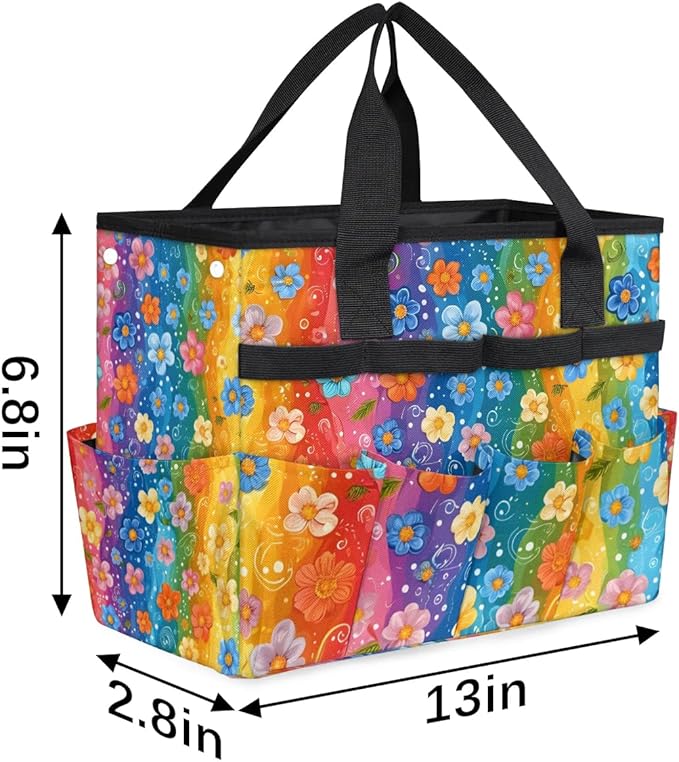 Garden Tool Bag Organizer Garden Tote Bag with Pockets Rainbow Small Flowers Tool Storage Organizer Gardening Tool Kit Holder 13" x 6.8" x 2.8"