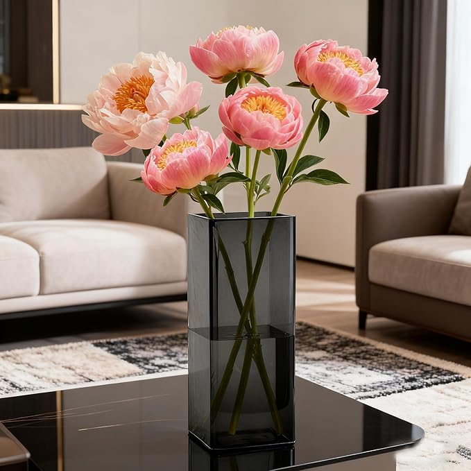 Acrylic Square Flower Vase, Non-breakable Vase, 5" x 5" x 10" Tall Grey Vases for Flower, Large Cube Floral Plant Container, Planter Terrarium for Wedding Party Event, Home Office Decor