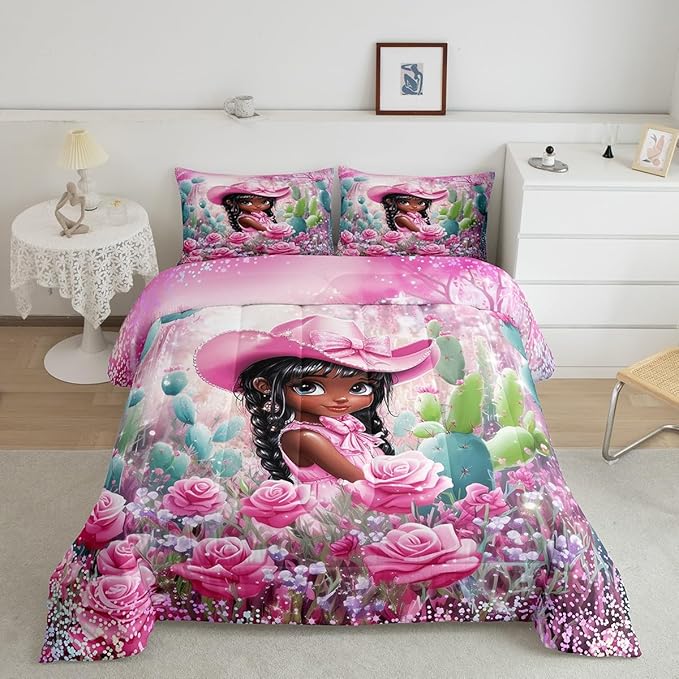 Pink Cowgirl Full Size Comforter Set,Reversible Southwest African Style Black Bedding Comforters Bedroom Collection,Western Floral Desert Cactus Sparkling Bedding Set for Girls Teens