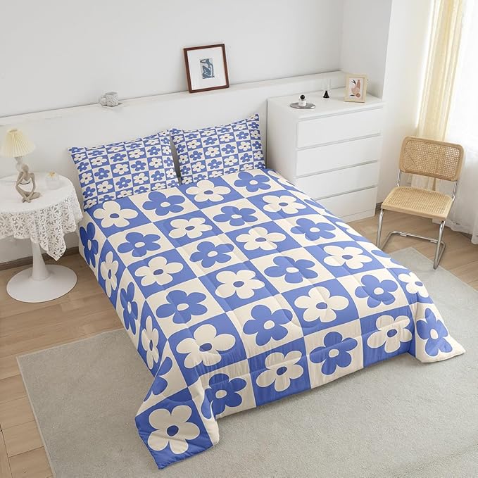 Castle Fairy Kids Cute Flowers Plaid Bedding Comforters King Size,Blue and Cream Floral Checked Comforter Set for Children Xmas Gift,Fashion Geometric Style Quilt Set Bedroom Decor, 2 Pillowcases