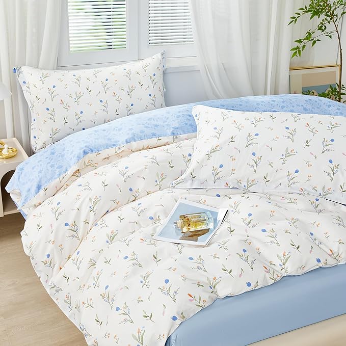 SAPHREAS Blue Floral Duvet Cover Set 3pcs Queen Size Botanical Flower White Bedding Comforter Cover Set 100% Cotton 1 Duvet Cover 90"x90" 2 Pillow Shams, Comforter Not Included