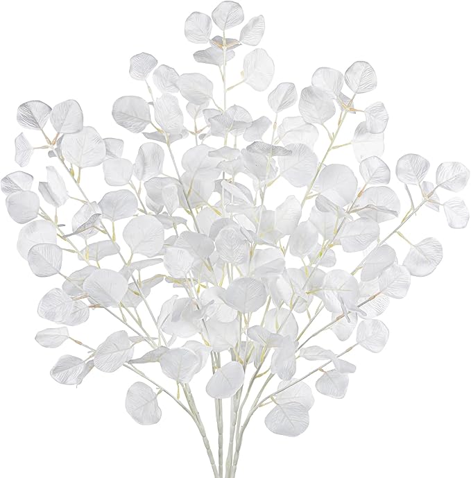 DILATATA Faux White Eucalyptus Stems – 32” Artificial Willow Leaves, 5 Pcs Long White Eucalyptus Branches for DIY Bouquets, Centerpieces, Shower & Wedding Decorations
