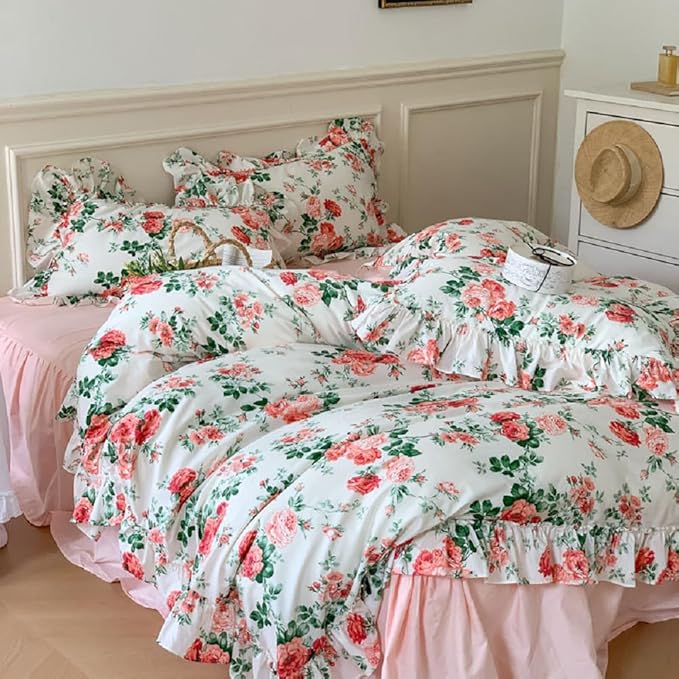 LifeTB Pink Flower Ruffle Comforter Set Full Size Vintage Floral Botanical Comforter Romantic Ruffle Lace Cottagecore Bedding Set Lightweight Fluffy Aesthetic Flowers Comforter Set with 2 Pillowcases