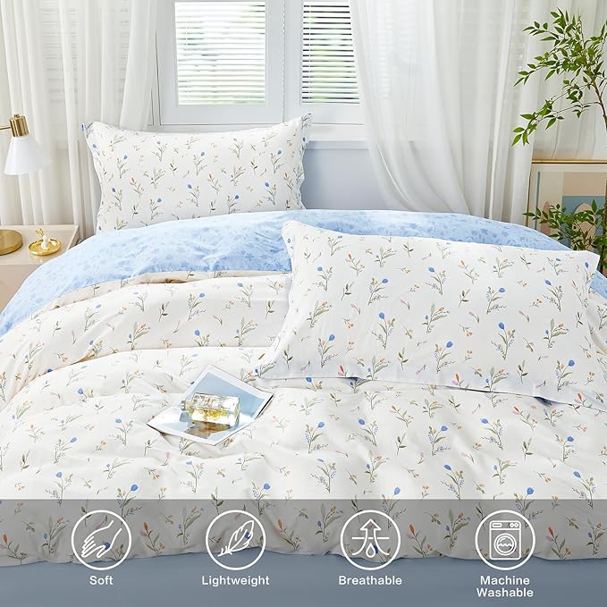 SAPHREAS Blue Floral Duvet Cover Set 3pcs Queen Size Botanical Flower White Bedding Comforter Cover Set 100% Cotton 1 Duvet Cover 90"x90" 2 Pillow Shams, Comforter Not Included