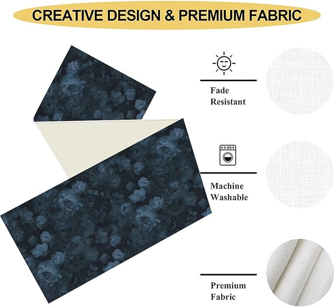 Gothic Floral Table Runner, Retro Dark Blue Flower Garden Witchy Rose Print Coffee Table Center Decor for Home Kitchen Dining Patio Holiday Party Indoor Outdoor Table Decorations 13x36 inches