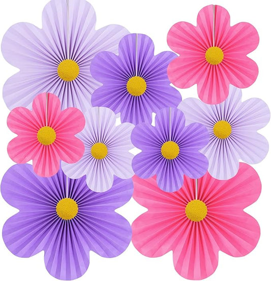 Purple Party Decorations Paper Flowers Decorations for Wall Classroom Paper Fans Floral Backdrop Flower Wall Decor Pack of 9 Pink Purple
