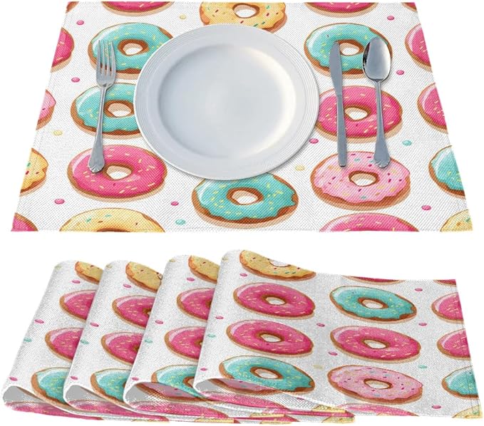 Sweet Doughnuts Placemats, Place Mats Set of 4, Heat Resistant Place Mats, Washable Table Mats for Dining Table, Non-Slip Stain Resistant Kitchen Table Placemats, Colorful Donut Pattern