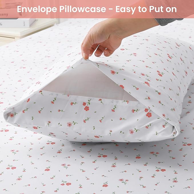 Softan Pink Floral Queen Sheet Set Flower Bed Sheets Queen Size - 4 Piece Microfiber Patterned Fitted Bed Sheets with 15" Deep Pocket, Cozy Cute Pink Flower Sheets and Pillowcase Set