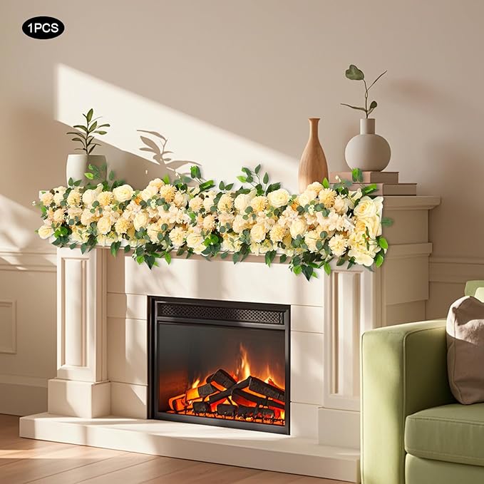 Eapmic Artificial Flower Row, 39.37in Peony Hydrangea Floral Arrangement, Faux Flower Panel Table Centerpiece for Wedding Arch Wall Backdrop Ceremony Reception Home Party Decoration (Champagne)
