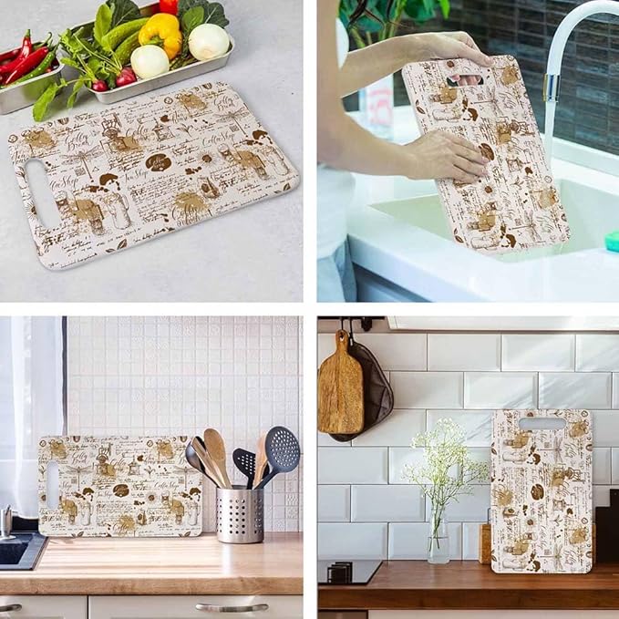 Coffee House Cutting Board Vintage Style Tea Coffee Theme Dragonflies Grip Handle Chopping Boards Cutting Board for Kitchen Plastic 16" x 10" x 0.24"