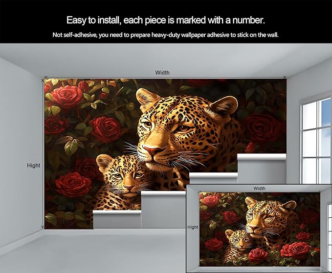 Jungle Rose Leopard Wall Mural, Big Cat Floral 3D Wall Murals, Wild Animal Leopard Wallpaper Mural, for Living Room Bedroom Large Wallpaper Indoor Decor 157.5" W x110.3 H