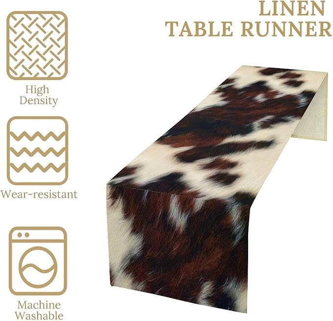 Cow Skin Print Table Runner, Vintage Cottage Country Animal Fur Skin Pattern Western Style Farmhouse Black Brown Cowhide Print Dinner Runner Home Kitchen Dining Table 13x120in