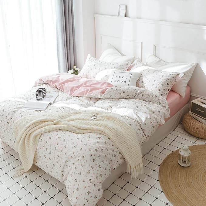 HighBuy Floral Duvet Cover Full Size Girl Cotton Pink Floral Coquette Bedding Comforter Covers Full Lightweight Soft for Girls Garden Style Bedding Set with Zipper Closure for Children