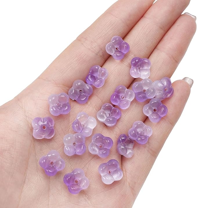 100PCS Glass Flower Beads for Jewelry Making 4 Petal Flower Bead Caps Gradient Cute Floral Beads Aesthetic Charms for Necklace Bracelets Earrings DIY Craft Home Decoration-Purple