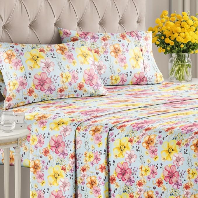 Floral Sheets - Watercolor Floral Bed Sheet Set - 1 Flat, 1 Fitted & 2 Pillowcases w/ Deep Pockets - Wrinkle & Fade Free - Boho Botanical Bedding - Ultra-Soft, Breathable and Cooling - Full Size