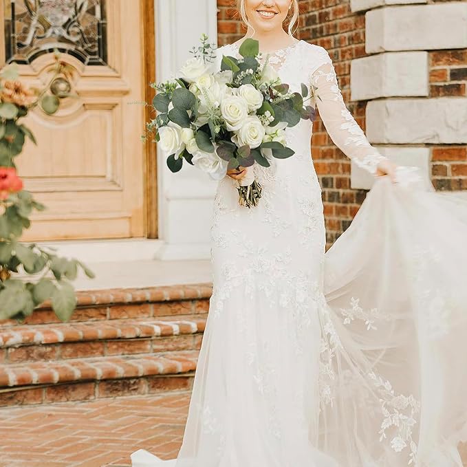 Rinlong Wedding Bouquets for Bride White Sage Green Bridal Bouquet for Wedding Artificial Flowers Silk Bouquet Ceremony
