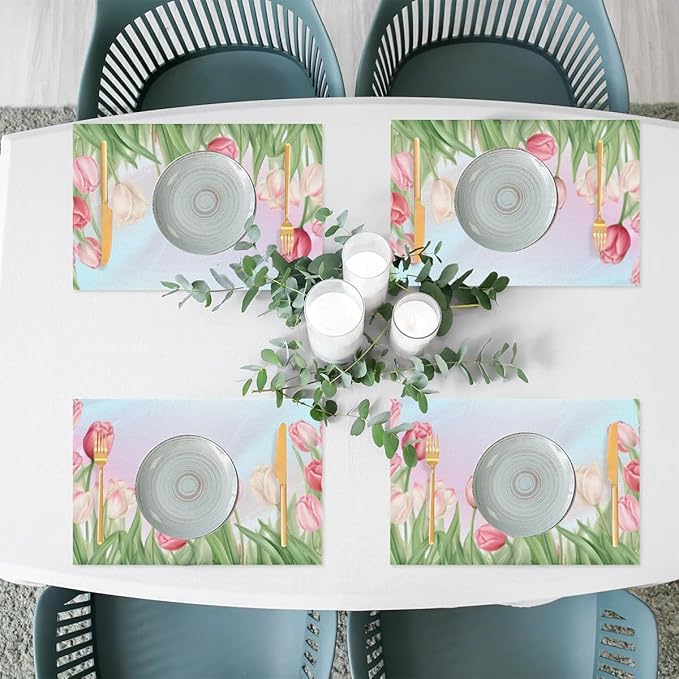 PVC Placemats Set of 6 Flower Tulip Pink Wipeable Table Mats Washable Heat Resistant Non Slip Vinyl Dining Table Mat for Kithen Indoor Outdoor Patio Farmhouse Place Mats Decorative