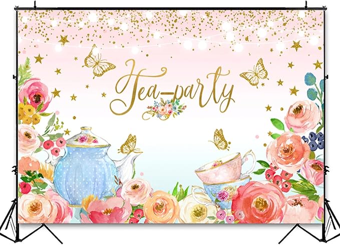 Pink Floral Tea Party Backdrop Glitter Gold Dots Butterfly Lets Partea Photography Background for Women Birthday Bridal Baby Shower Decorations Girls Wonderland Party Banner Photo Booth Supplies 7x5ft