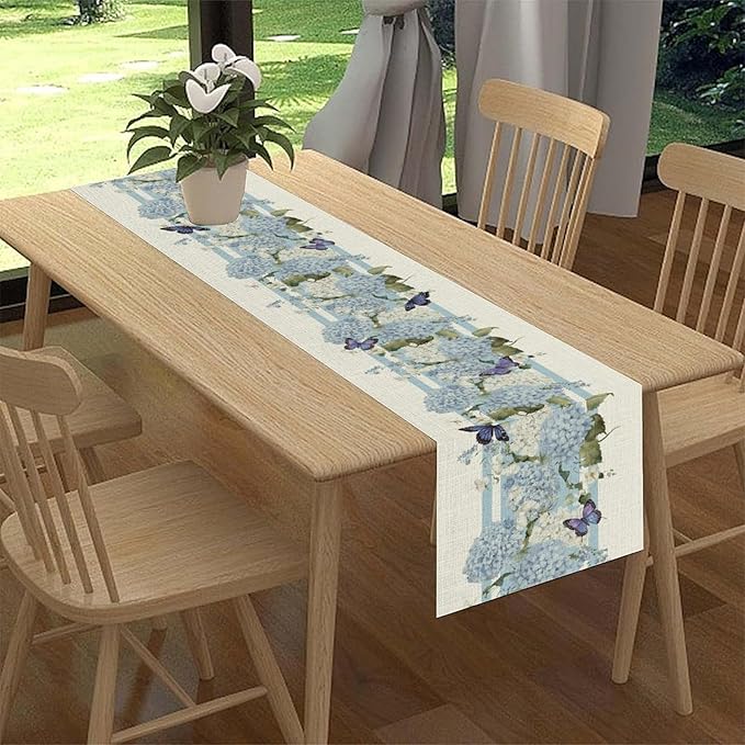 Blue Floral Table Runner, Spring Summer Watercolor Hydrangea Flower Butterfly Country Farmhouse Coffee Table Center Decor for Home Kitchen Dining Patio Holiday Party Table Decorations 13x90 inches