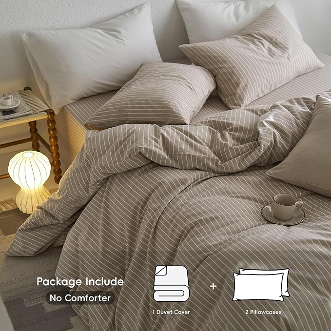 MooMee Striped Duvet Cover Set 100% Washed Cotton Linen Like Textured Breathable Durable Soft Comfy (Tannish Linen Grey White Wide Stripes, Alaska King 132"x120")