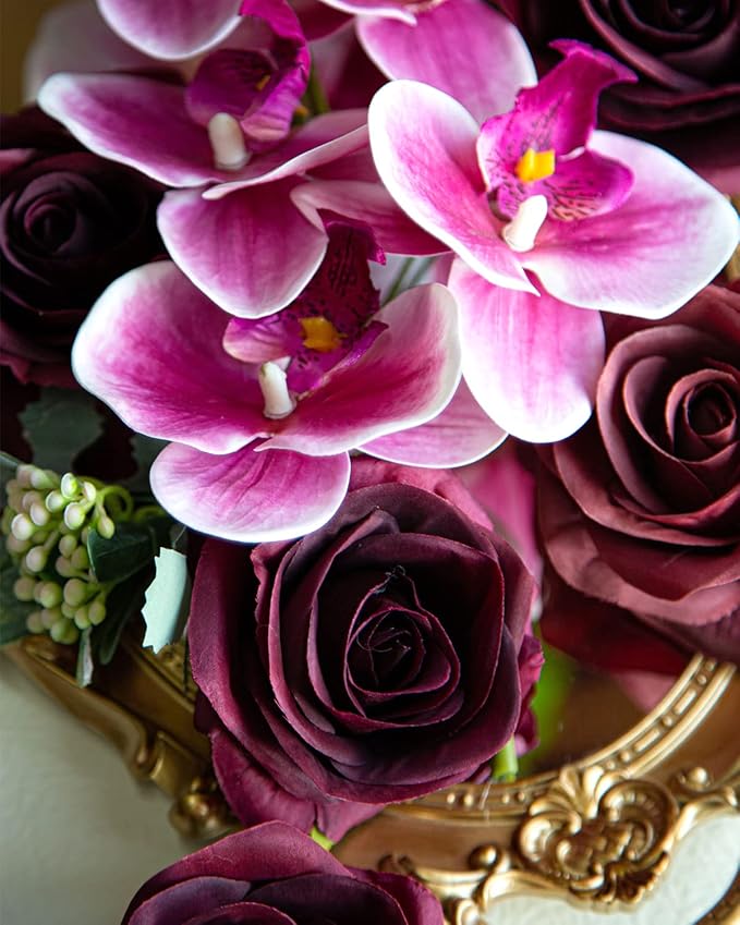 DuHouse 10pcs Silk Roses Artificial Flowers Fake Burgundy Rose Bouquet for Arrangement Wedding Party Home Decoration (Burgundy-Long Stem)