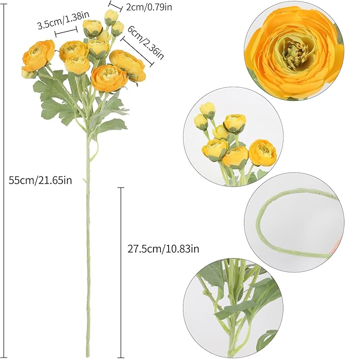 5PCS Ranunculus Artificial Flowers 60Heads Yellow Faux Peonies with Stem Real Touch 21.65" Silk Ranunculus Fake Flowers for DIY Craft Wedding Floral Arrangements Home Table Decor(Yellow)
