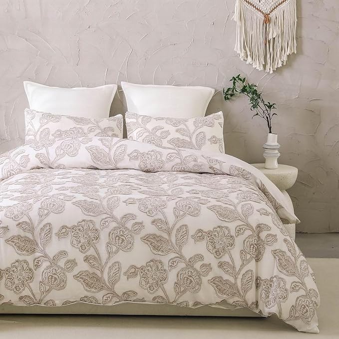 meadow park Cotton Clipped Jacquard Duvet Cover Set Queen, 3 Pieces Jacobean Floral Bedding Set (Taupe, Queen)