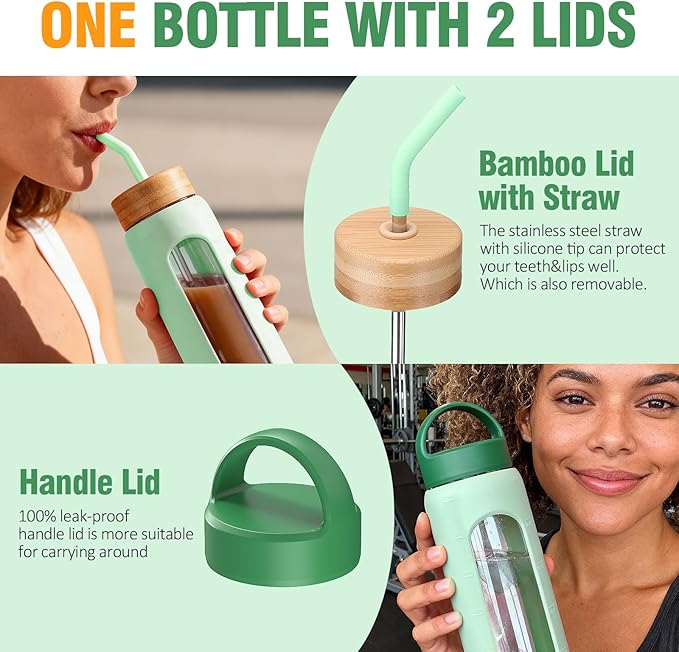 32 oz Glass Water Bottle, 1 Liter Glass Tumbler with Straw, Reusable Drinking Bottles with 2 Lids-Handle Lid&Bamboo Straw Lid, Silicone Sleeve, for Sports, Home,1 Pack-Mustard