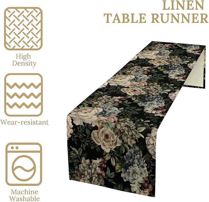 Retro Floral Table Runner, Dark Watercolor Flowers Boho Gothic Botanical Plant Art Table Runner for Indoor Outdoor Dinner Party Decor, 13x120inch