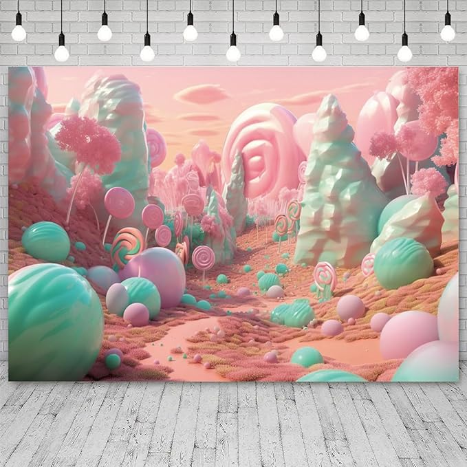 5x4ft Candyland Backdrop Pink and Teal Lollipop Photography Background Fairytale Kingdom Candy Sweet Girl Princess Birthday Banner Decorations Newborn Baby Shower Portrait Photo Booth Prop