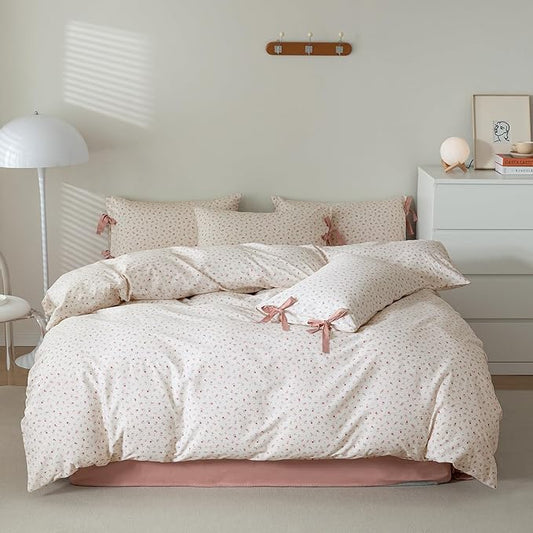 AOJIM Pink Floral Duvet Cover Set for Girls Women, Pure Cotton Soft Bedding Comforter Cover Set 3pcs for Room Decor, 1 Exquisite Quilt Cover Twin Size and 2 Pillowcases with Bowknot, No Comforter