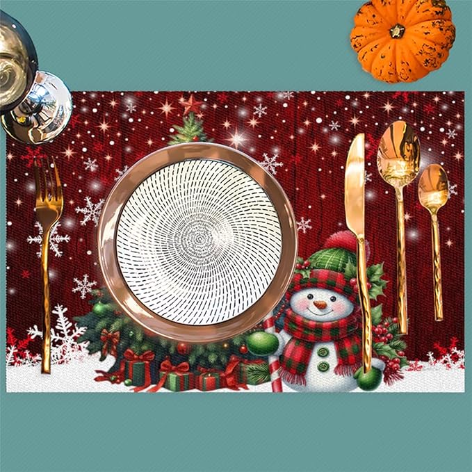 Xmas Christmas Tree Snowman Red Placemats Set of 4 PVC Vinyl Non Slip Table Mats Heat Resistant Place Mats Washable Wipeable Dining Table Mat for Kitchen Decor Party Indoor Outdoor Decorative Gift