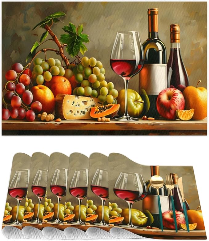 Grapes Fruit Wine PVC Placemats Set of 1 Wipeable Table Mats Washable Heat Resistant Non Slip Vinyl Dining Table Mat for Kithen Indoor Outdoor Patio Farmhouse Place Mats Decorative