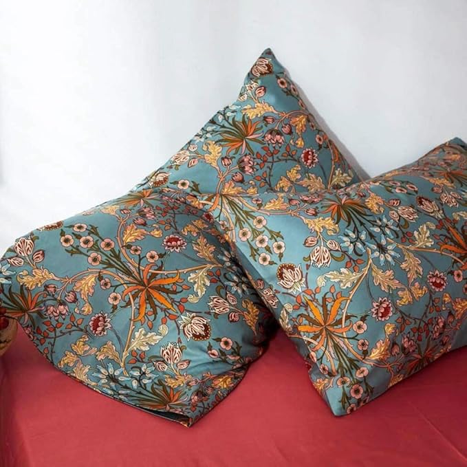 Vintage Style Garden Flower Duvet Cover Set King Boho Floral Long Staple Cotton Comforter Cover Luxury Soft Green Golden Floral Bedding Set Boho Farmhouse Bohemia Duvet Cover with 2 Pillowcases