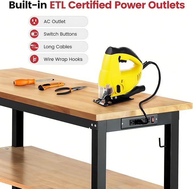 Workbench with Double Layers 48 x 20 Inch Heavy Duty Rubberwood Tabletop Work Table for Garage Adjustable Height Work Bench with Power Outlets Pegboard Pad for Woodworking Shop, Home, Office