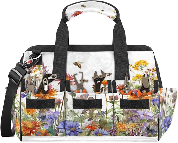Wildflowers Floral Tool Bag for Men Women Multi-Pockets Wide Mouth Tool Storage Bags 14.8 Inch Waterproof Heavy Duty Tool Bag Organizer for Electrician Mechanic Plumbers Handymen