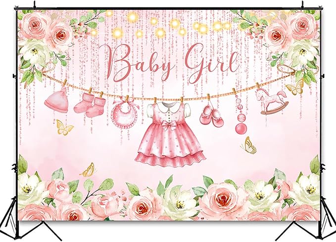InMemory Baby Girl Baby Shower Backdrop Pink Floral Baby Shower Decorations,Glitter Rose Gold Babys Clothes Photography Background It's a Sweet Baby Girls Shower Party Banner PhotoBooth Supplies 5x3ft