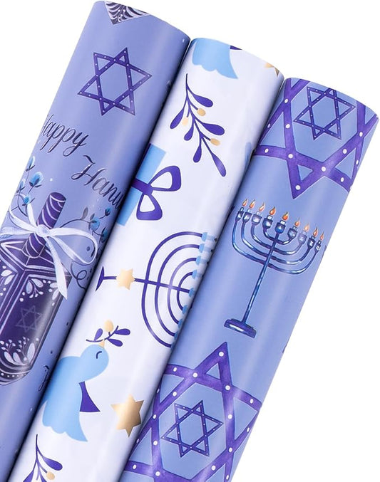 WRAPAHOLIC Hanukkah Wrapping Paper Roll - Mini Roll - 3 Rolls - 17 Inch x 120 Inch Per Roll - Menorah Lights, the Star of David and Dreidels Design