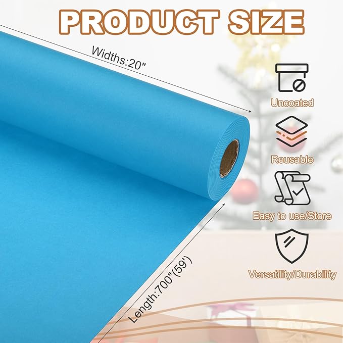 PATIKIL Wrapping Paper, 20" x 700"(59') 70 GSM Craft Paper Roll Kraft Packing Paper for Poster Bulletin Board, Gift Wrapping, Light Blue