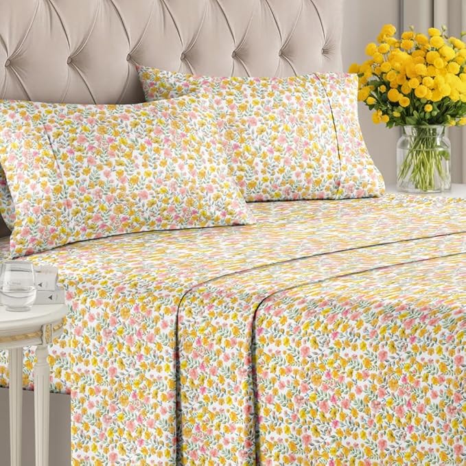 Floral Sheets - Watercolor Floral Bed Sheet Set - 1 Flat, 1 Fitted & 2 Pillowcases w/ Deep Pockets - Comfy, Wrinkle & Fade Free Boho Botanical Bedding - Soft, Breathable and Cooling - King Size New