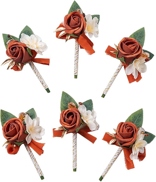 Meldel Rose Boutonniere for Men Wedding, Set of 6, Guest Groom Groomsmen Boutonnieres Prom Corsage for Weddings Homecoming Ceremony Anniversary Party Suit Decoration Flower, Burnt Orange/Terracotta